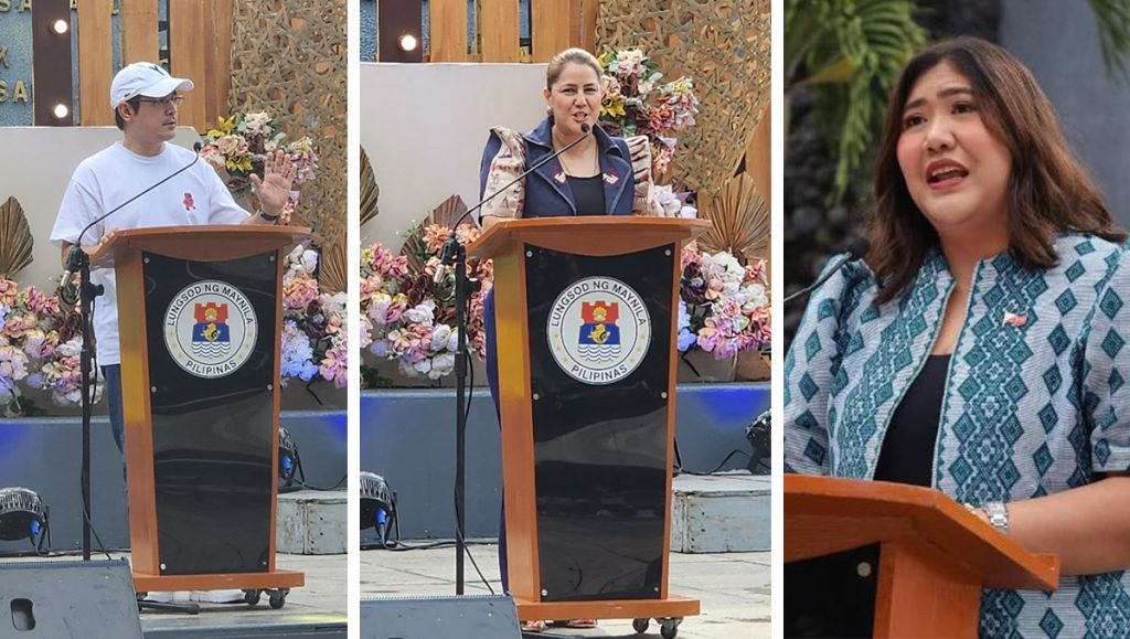 Left: On the podium: City of Manila Mayor Francisco 'Isko' Moreno-Domagoso Middle: On the podium, Department
of Tourism, Culture, and Arts of Manila (DTCAM) officer in charge Amanda-Christina 'Cristal' L. Bagatsing Right:

Atty. Joan Padilla of Intramuros Administration giving her welcome speech.