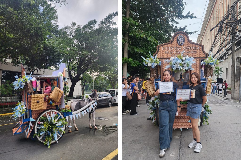 ​Left: The right side view of Destileria LimtuacoMuseum’s model calesa, which served as the company’s
representative for the Fiesta de Bandas y Calesas. Right: Destileria Limtuaco’s Marketing Department
representatives posing with the calesa: Alma San Buenaventura, and Marichelle Leila Clarianes