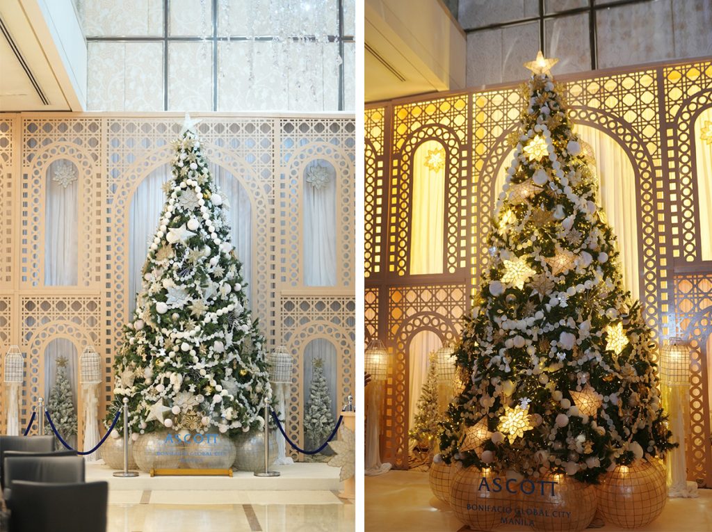 Ascott BGC’s capiz-themed Christmas Tree before and after lighting