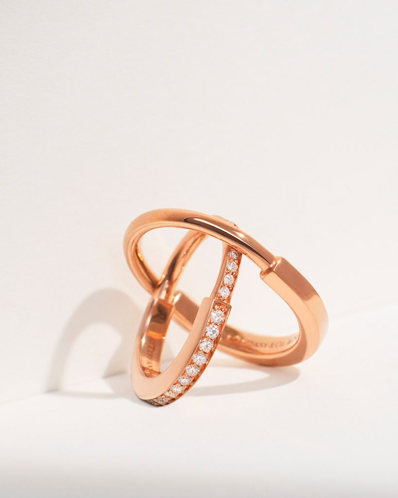 Tiffany Lock ring in rose gold with full pave diamonds and Tiffany Lock ring in rose gold
