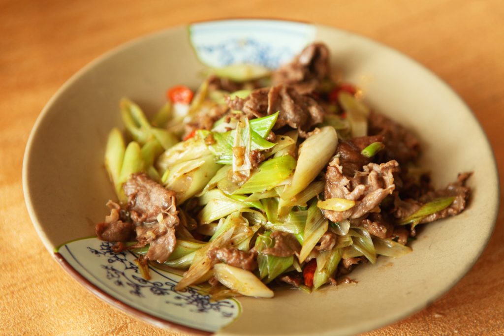 Wok Fried Sliced Lamb, Leek, and Bean Curd Paste